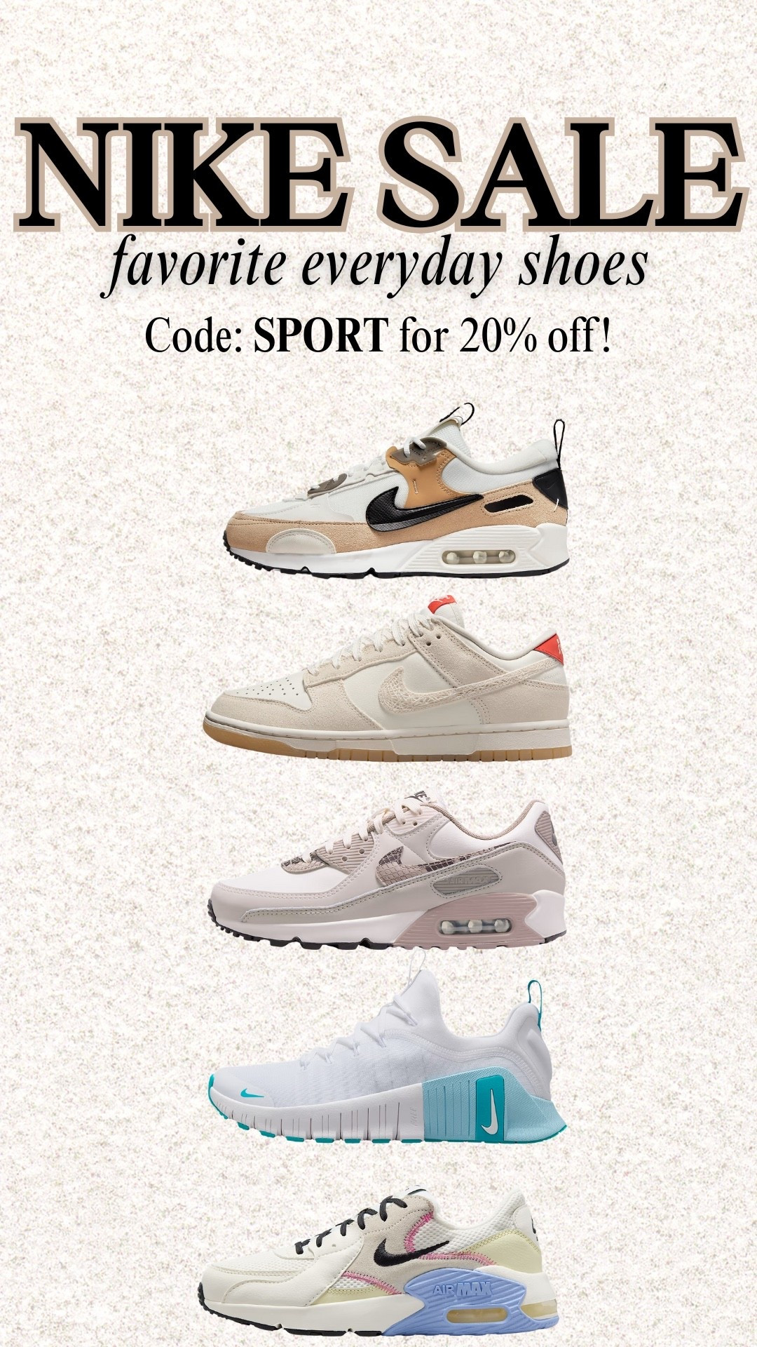 Nike sale! These everyday shoes are SO comfortable. They all run TTS. 20% off with code SPORT

Shows athleisure workout shoes Nikes 

#LTKActive #LTKStyleTip