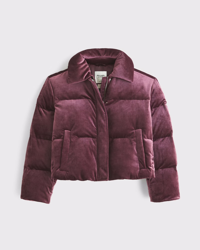 Abercrombie & Fitch Women's Cropped Velvet Puffer Coat in Deep Wine - Size XXS | Abercrombie & Fitch (US)