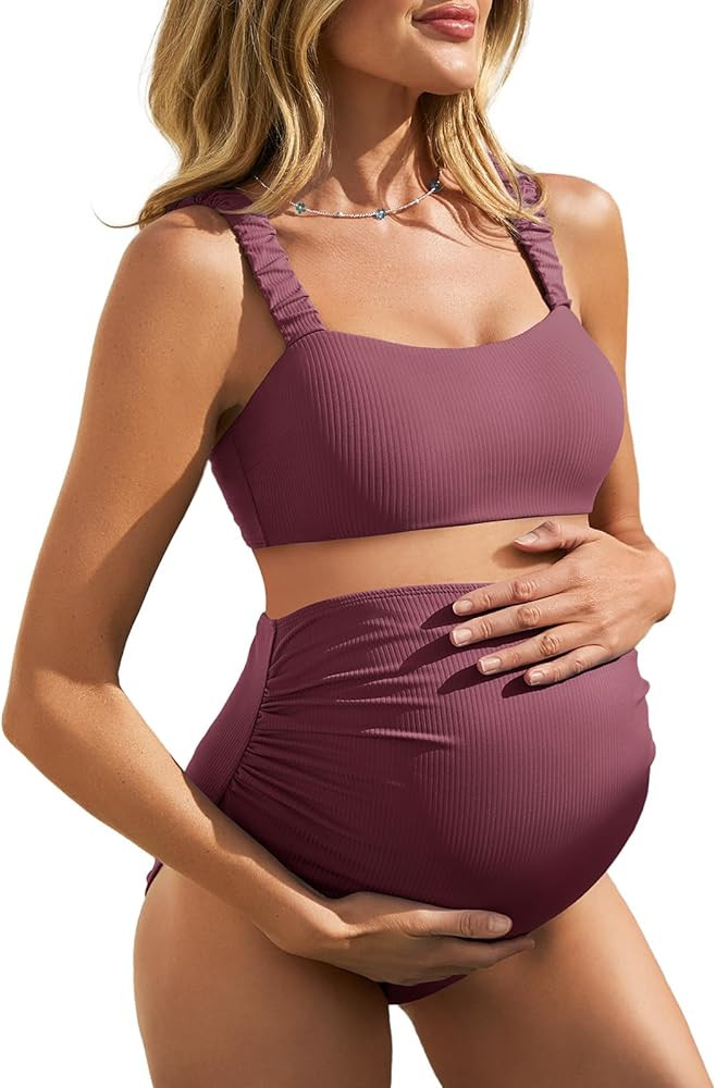 Summer Mae Ribbed Maternity Bikini Swimsuit Two-Piece Crop Top Bathing Suit | Amazon (US)