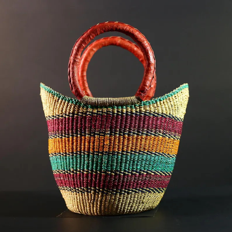 Handwoven Bolga Basket: Ghana Market Tote With Leather Handles-g5607 - Etsy UK | Etsy (Global)
