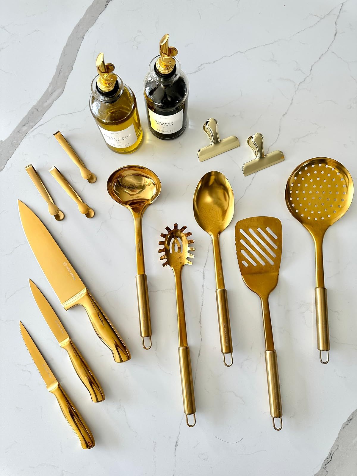 luxe for less kitchen finds, gold mini appetizer tongs, white and gold knife set, gold cooking ut... | Amazon (US)