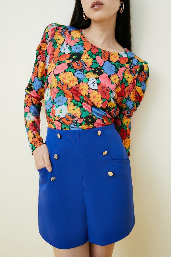 Crepe Tailored Shorts With Gold Buttons | Warehouse UK & IE