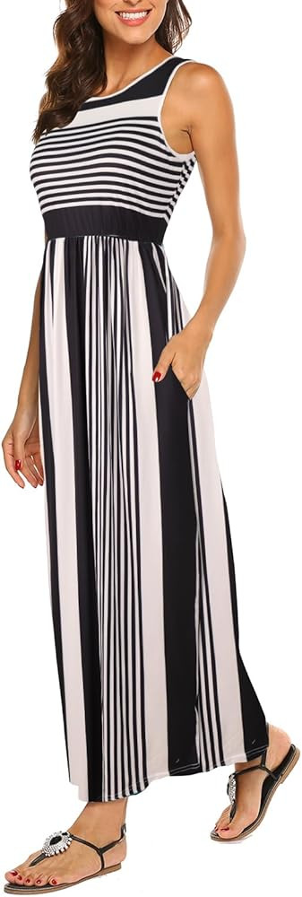 Hount Women's Summer Sleeveless Striped Flowy Casual Long Maxi Dress with Pockets | Amazon (US)