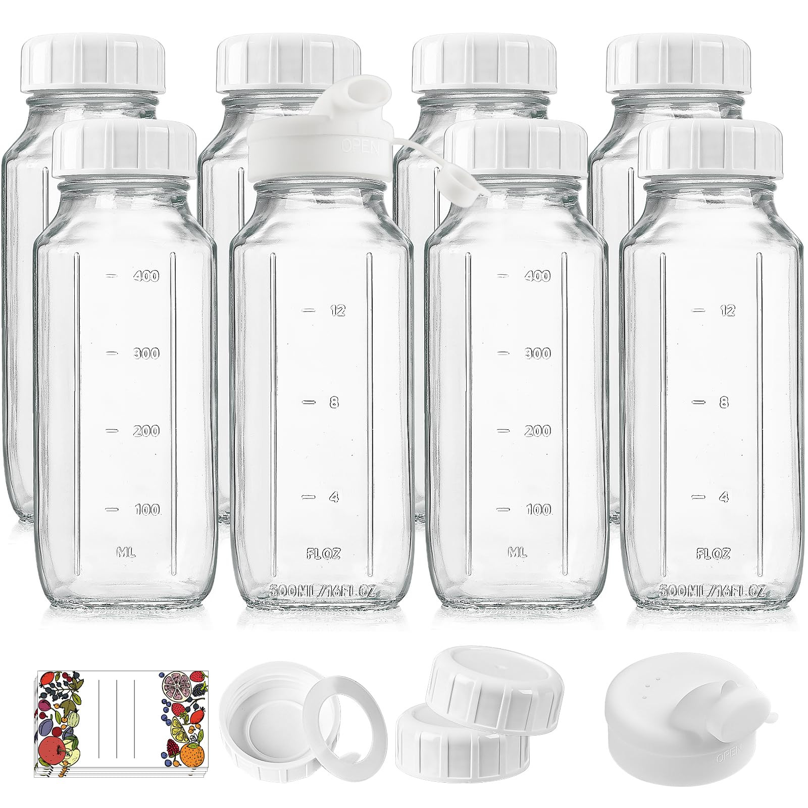 8 Pack 16 Oz Reusable Glass Milk Bottles w 100% Airtight Heavy Duty SCREW Lid & 2 Pour Spouts - G... | Amazon (US)