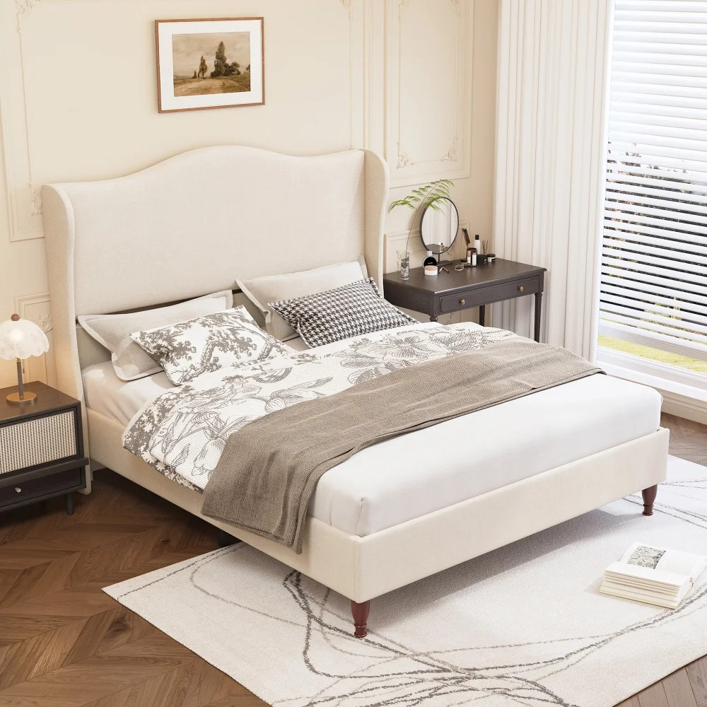 King Size Upholstered Wingback Platform Bed with Tall Headboard-Beige | Wayfair North America