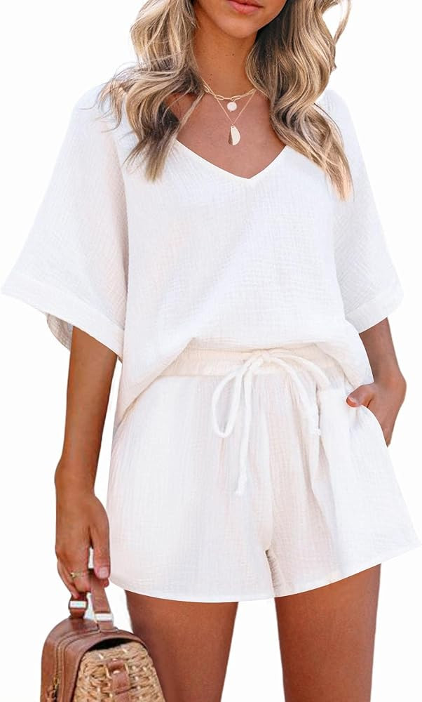 Zeagoo Women's 2 Piece Cotton Linen Tracksuit Short Sleeve Casual Shorts Set V Neck Beach Outfits | Amazon (US)