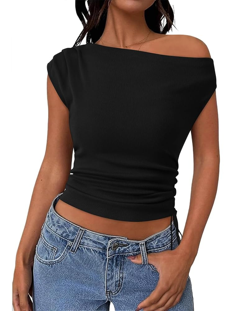 PRETTYGARDEN Womens 2025 Summer Off The Shoulder Crop Cute Tops Sleeveless One Shoulder Ruched Y2... | Amazon (US)