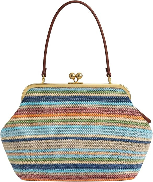 Kiss-lock Bag for Women Kiss Lock Purses and Handbag Large Straw Beach Shoulder Bag Summer Straw ... | Amazon (US)
