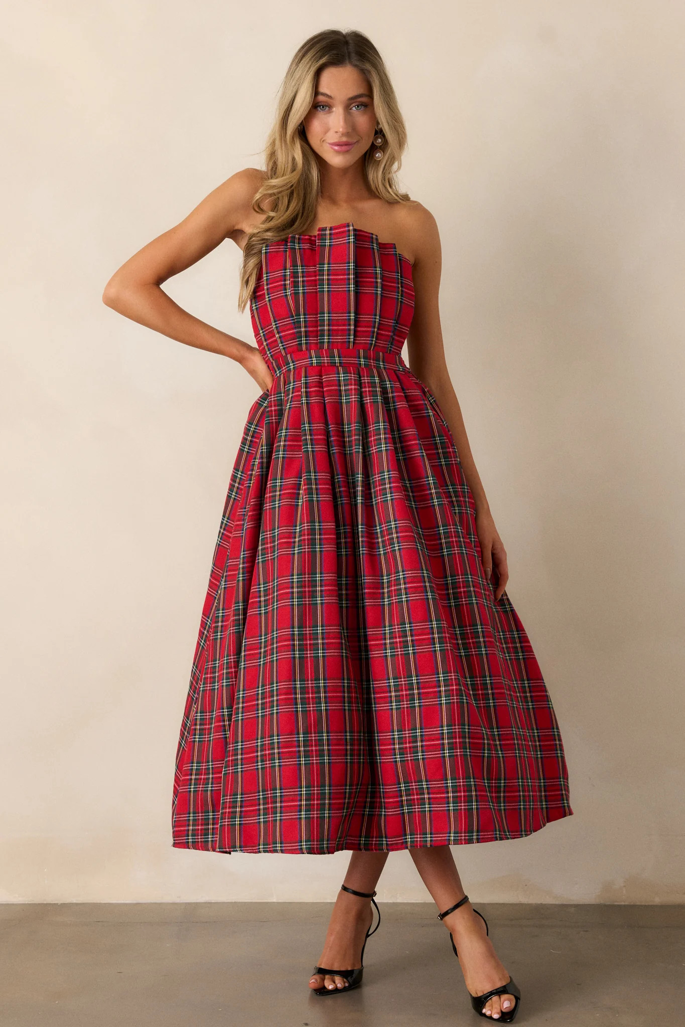 Crystal Dreams Red Plaid Strapless Midi Dress | Red Dress