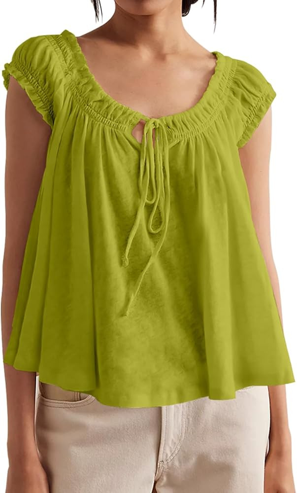Tankaneo Women Summer Tie Front Tank Tops Cap Sleeve Pleated Babydoll Tops Casual Loose Fit Going... | Amazon (US)