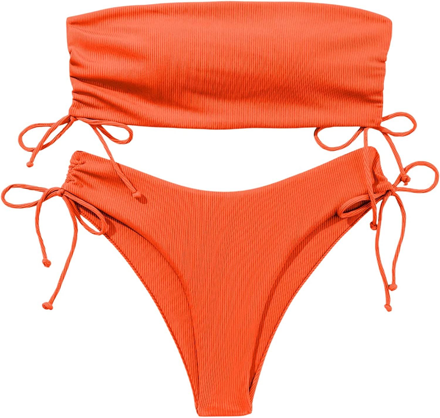 MakeMeChic Women's 2 Piece Bandeau Swimsuits Tie Side Ribbed Bikini Set Tankini | Amazon (US)