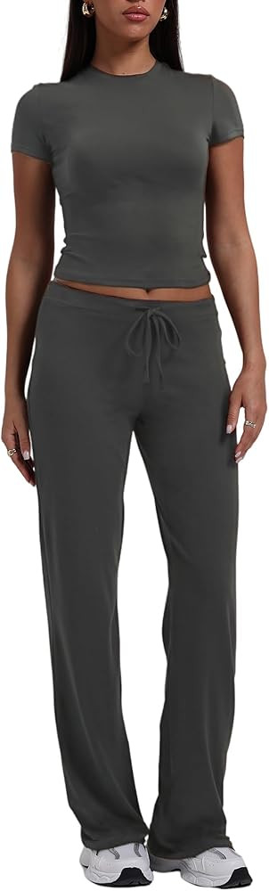 AYWA Women's 2 Piece Lounge Sets Slim Fit Short Sleeve T Shirts Straight Leg Pants Matching Casua... | Amazon (US)