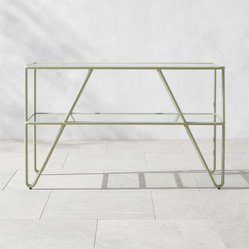 Colombe Modern Green Metal Outdoor Console Table with Glass Top | CB2 | CB2