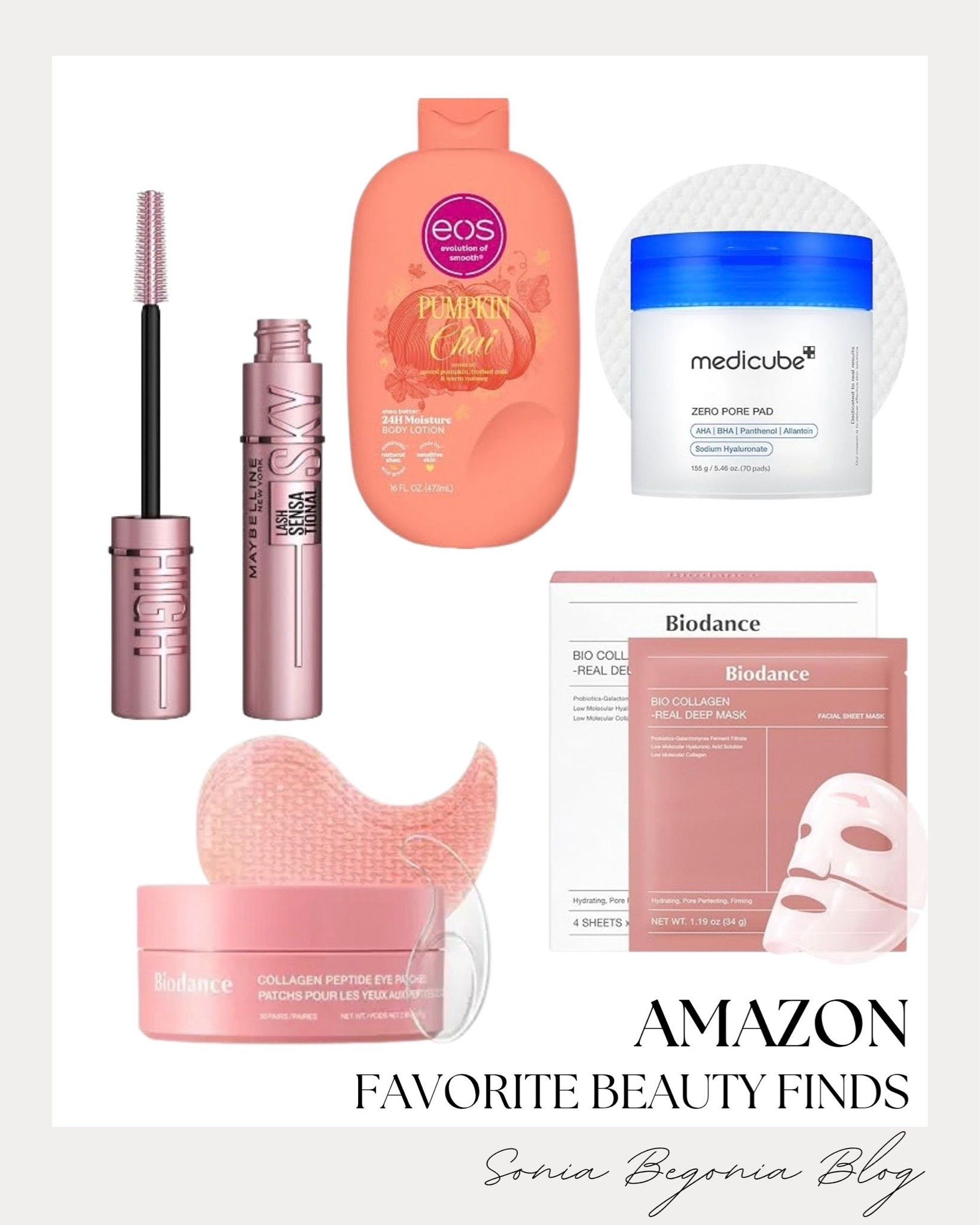Amazon beauty favorites! 🛍️ I rounded up top skincare and makeup essentials, including nourishing body lotion, exfoliating pore pads, and lengthening mascara.  
I also included collagen deep masks and hydrating peptide eye patches to give your daily skincare routine a glowing boost! ✨