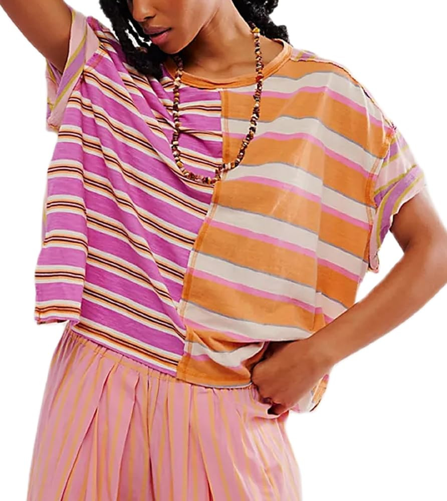 Women Color Block Striped T Shirt Casual Oversized Short Sleeve Boxy Tops Vintage Loose Crewneck ... | Amazon (US)