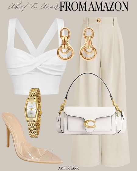 Classic adorable outfit from Amazon. Neutral trousers outfit with luxury handbag, clear/nude heels and gold accessories. 

#LTKfindsunder100 #LTKfindsunder50 #LTKover40