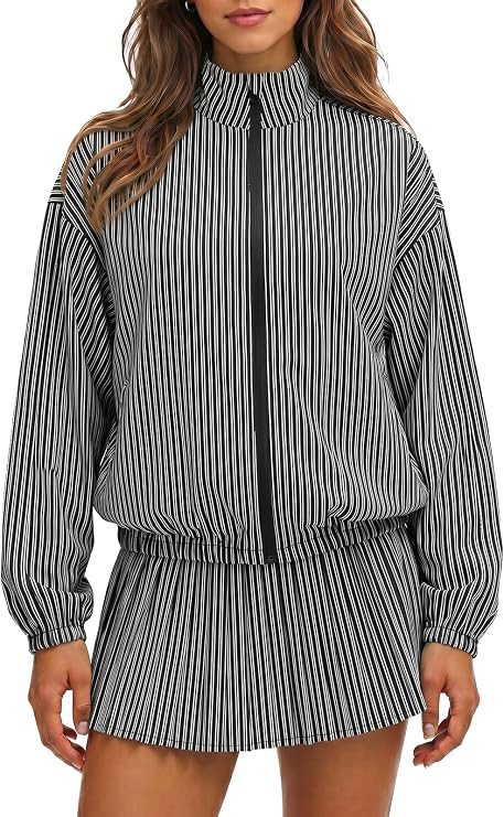 Fisoew Womens 2 Piece Striped Outfits Casual Stand Collar Zip Up Jackets Pleated Mini Skirts Tenn... | Amazon (US)