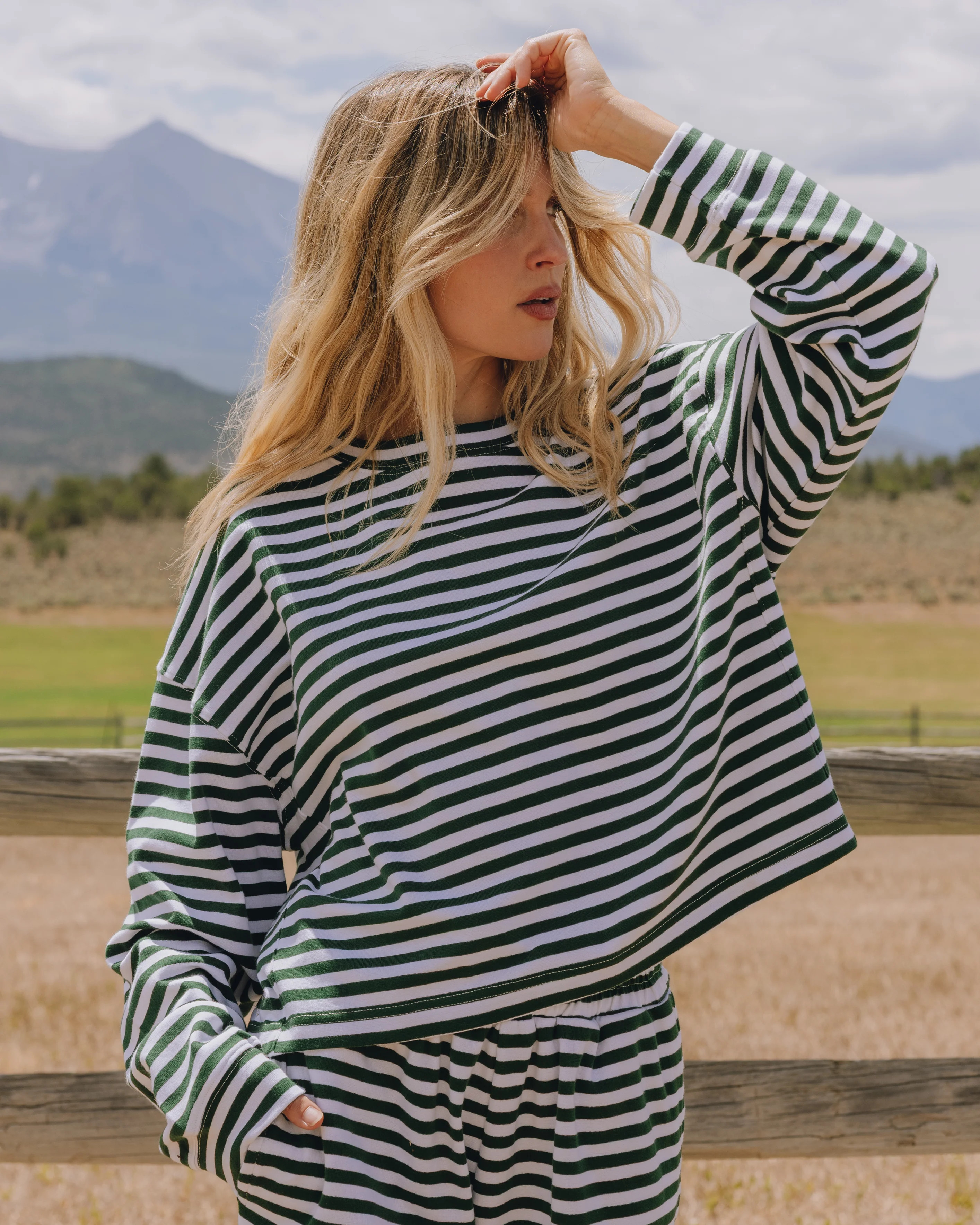 Striped Cotton Long Sleeve - Forest Green + White Stripe | Daily Drills LLC
