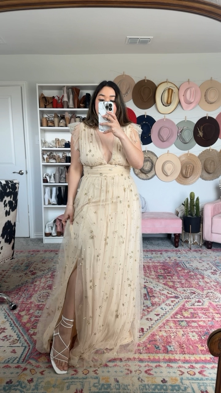 Starry Eyed Glitter Star Mesh Maxi Dress - wearing large but could have fit in the medium as well

Gold dress, Spring outfit, midsize outfit, spring dress, midsize dress, date night outfits, date night dress, resort wear, easter dress, easter outfit, vacation outfits, vacation dress, Zimmerman dress, loveshackfancy dress, ruffle dress, wedding guest dress, black tie dress, formal event dress, glitter dress, plunging neckline dress, sequin dress, special occasion dress, wedding reception dress, bachelorette party dress, baby shower dress, bridal shower dress 

#LTKVideo #LTKGala #LTKmidsize