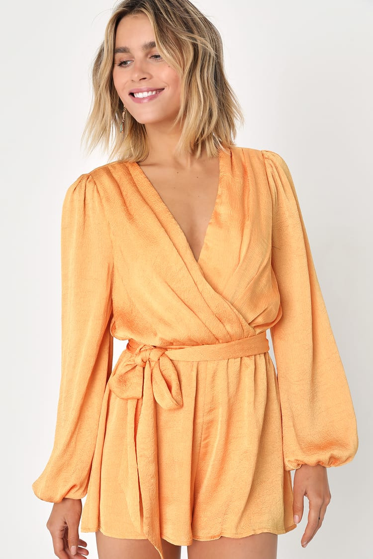 Miami Vibe Orange Crinkled Backless Balloon Sleeve Romper | Lulus (US)