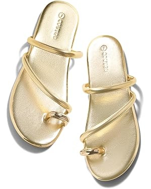 Coutgo Womens Strappy Flat Sandals Square Open Toe Flip Flops Slides Toe Ring Summer Dress Shoes | Amazon (US)