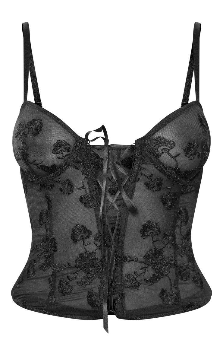 Black Mesh Floral Embroidered Lace Up Corset | Pretty Little Thing (Australia & New Zealand)