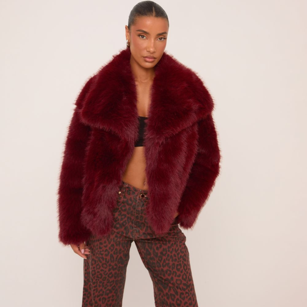 Oversized Collar Coat In Burgundy Faux Fur | EGO (UK)