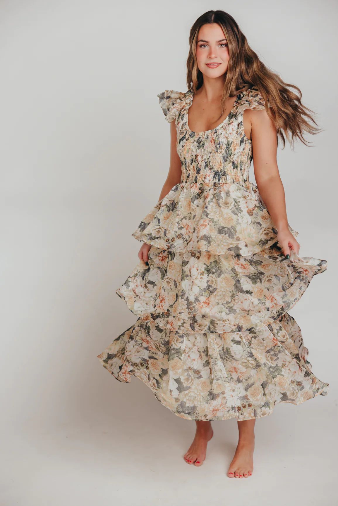 Forever & Always Midi Dress in Champagne Floral - Inclusive Sizing (S- | Worth Collective