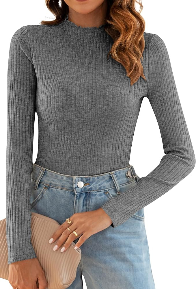 Poetsky Women's Fall Long Sleeve Tops Lightweight Turtleneck Sweater Ribbed Fitted Basic Shirts | Amazon (US)