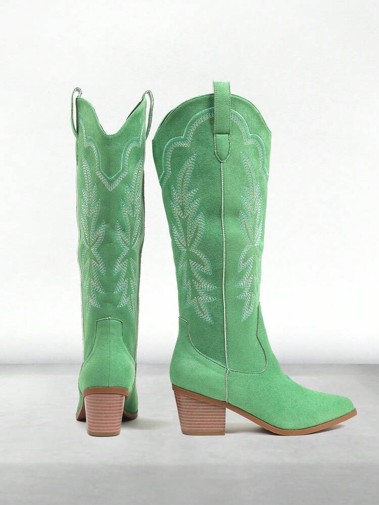 New Womens Western Cowgirl Boots Snip Toe Suede Knee High Embroidery Vintage Wide Calf Chunky Heel Retro Riding Boot Party Work Wedding Holiday Halloween Gift Prom Rodeo Country Concert Cozy Fall Winter Style Outdoor Green Cowboy Riding Booties | SHEIN