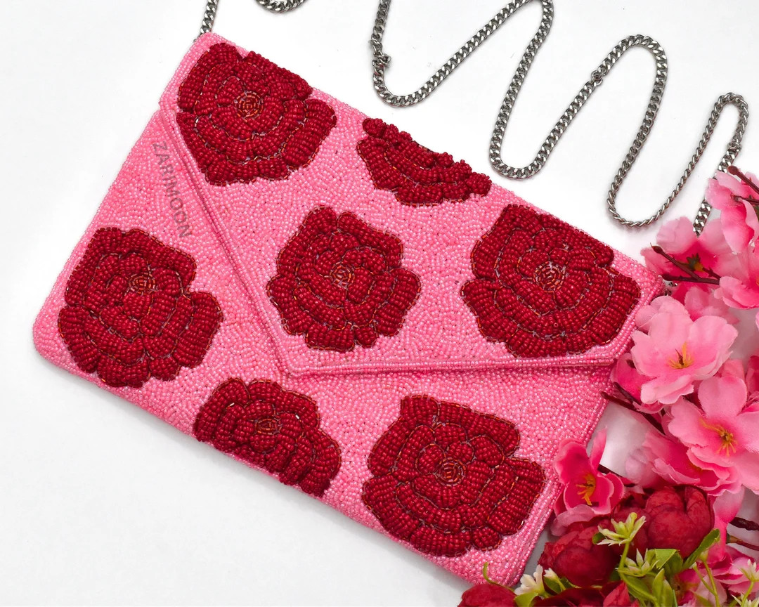 Pink Red Rose Beaded Clutch, Handmade Valentine Handbag, Wedding Party Chain Clutch Purse, Crossb... | Etsy (US)