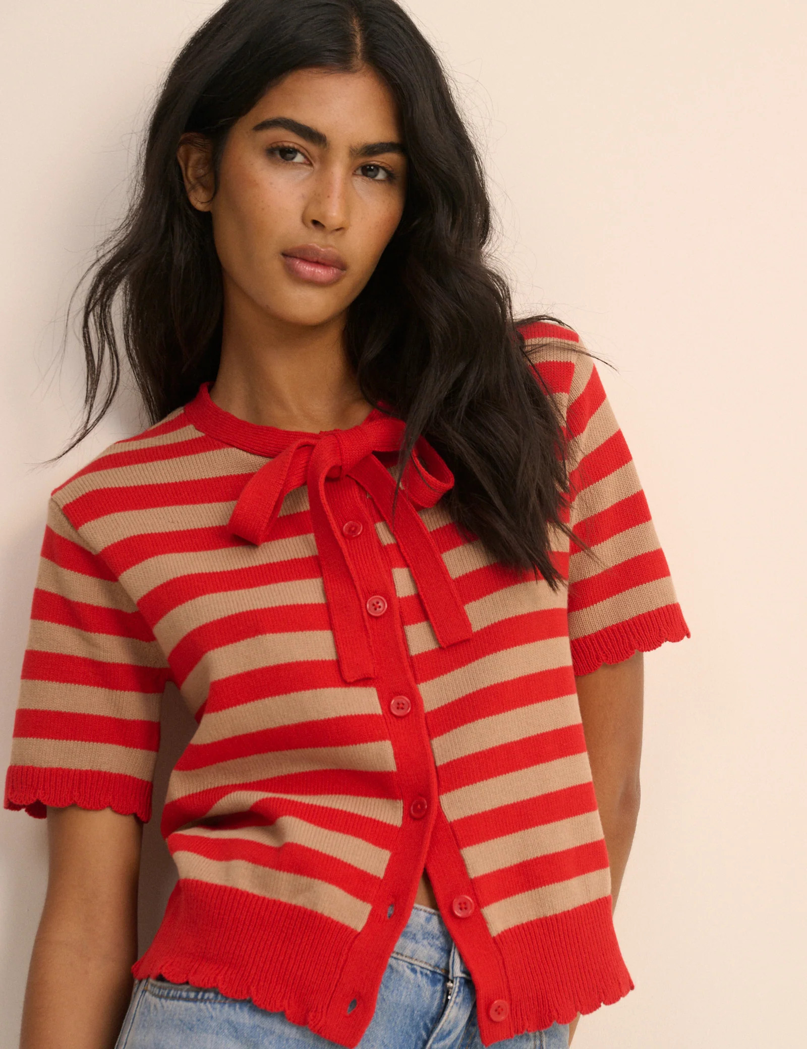 Red Strip Short Sleeve Tie Neck Cardigan | Nobody's Child