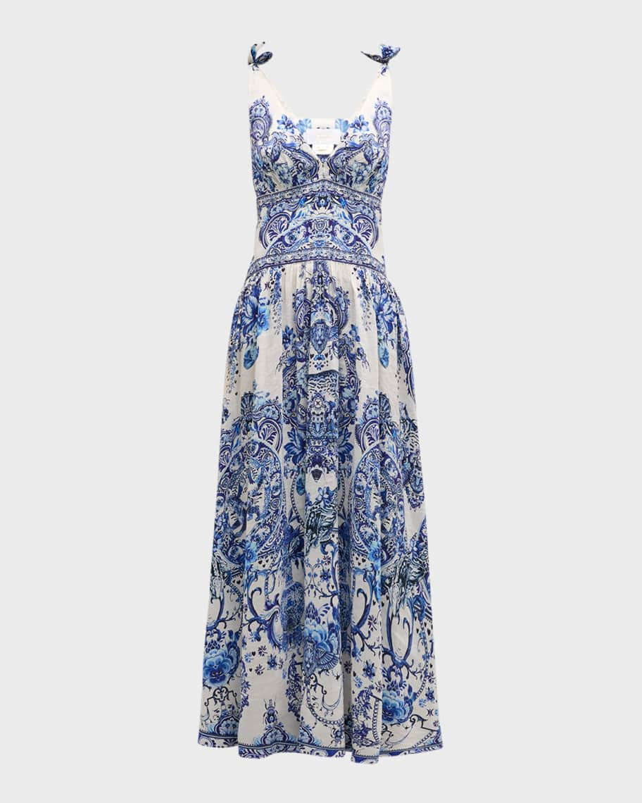Camilla Floral Linen Silk Tie-Shoulder Maxi Dress | Neiman Marcus