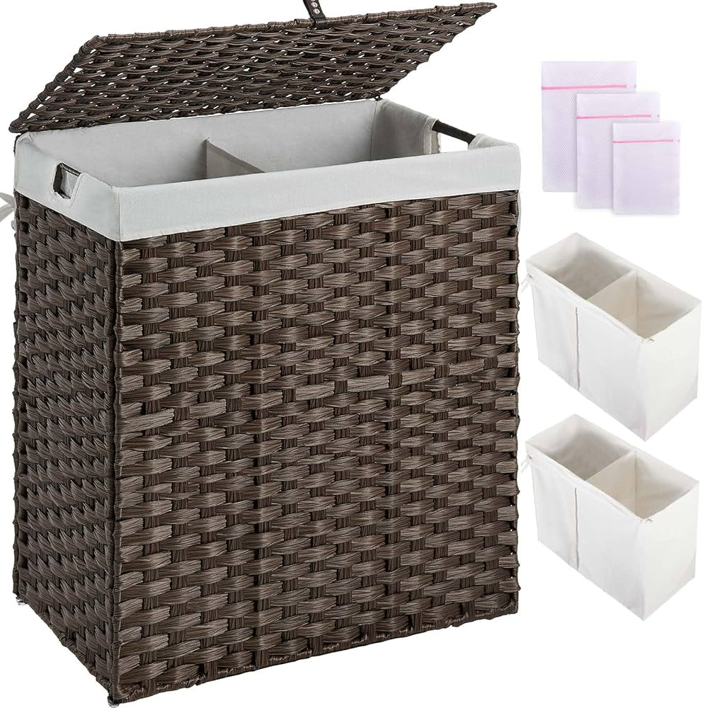 Greenstell Laundry Hamper with lid, No Install Needed, 110L Wicker Laundry Baskets Foldable 2 Rem... | Amazon (US)