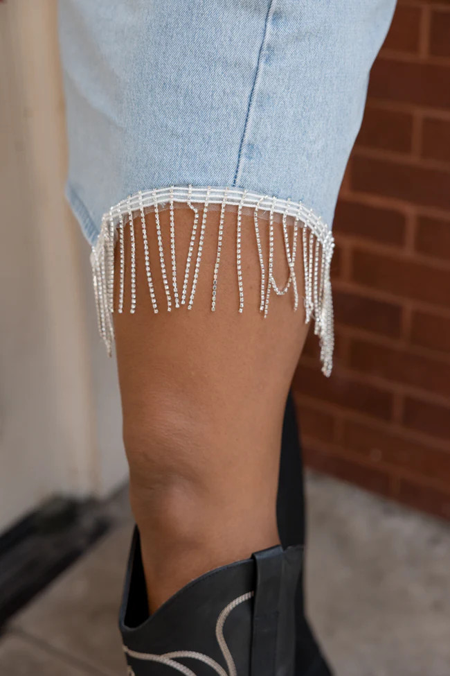 A Better Idea Light Wash Rhinestone Fringe Hem Detail Denim Skirt | Pink Lily