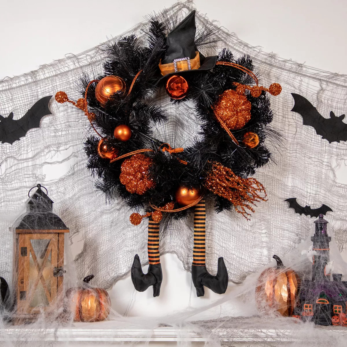 Northlight Witch and Pumpkins Halloween Wreath - 24" - Orange and Black - Unlit | Target