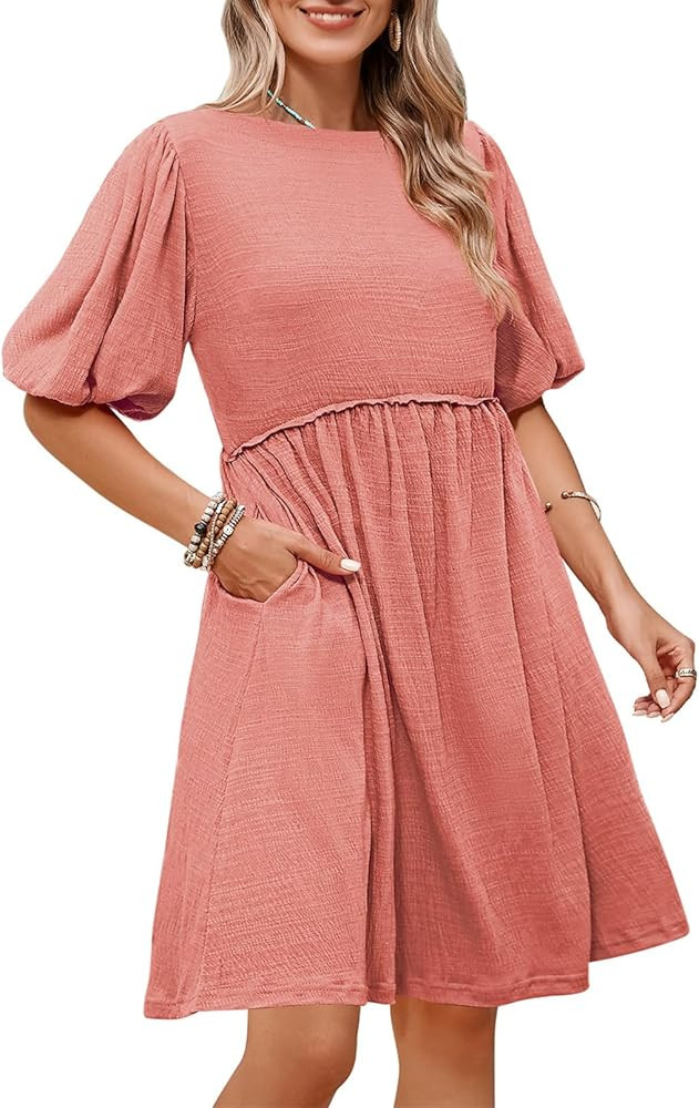 Pink Queen Women's Swimsuit Cover Up Dress Crew Neck Tunic Bathing Suit Beach Mini Tiered Babydol... | Amazon (US)