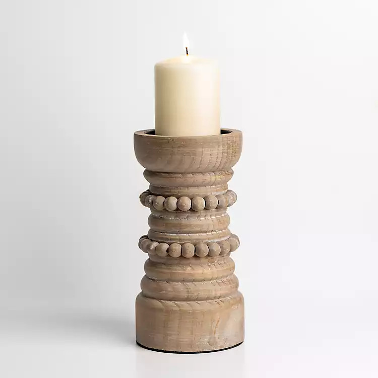 Natural Wood Beaded Pillar Candle Holder, 9 in. | Kirklands Home | Kirklands