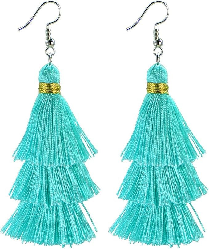 AD Beads Fashion Charm Crystal Silk Tassel 3 Layers Fan Fringe Dangle Earrings designer costume j... | Amazon (US)