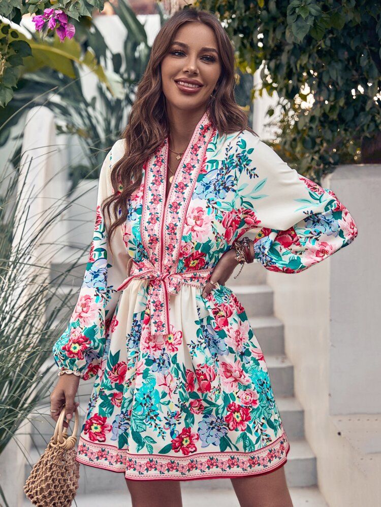 Floral Print Lantern Sleeve Belted Dress | SHEIN