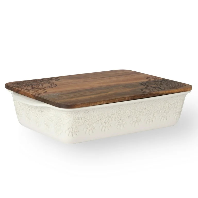 The Pioneer Woman 9" x 13" Vintage Lace Ceramic Casserole Baking Dish with Wood Lid, Linen - Walm... | Walmart (US)