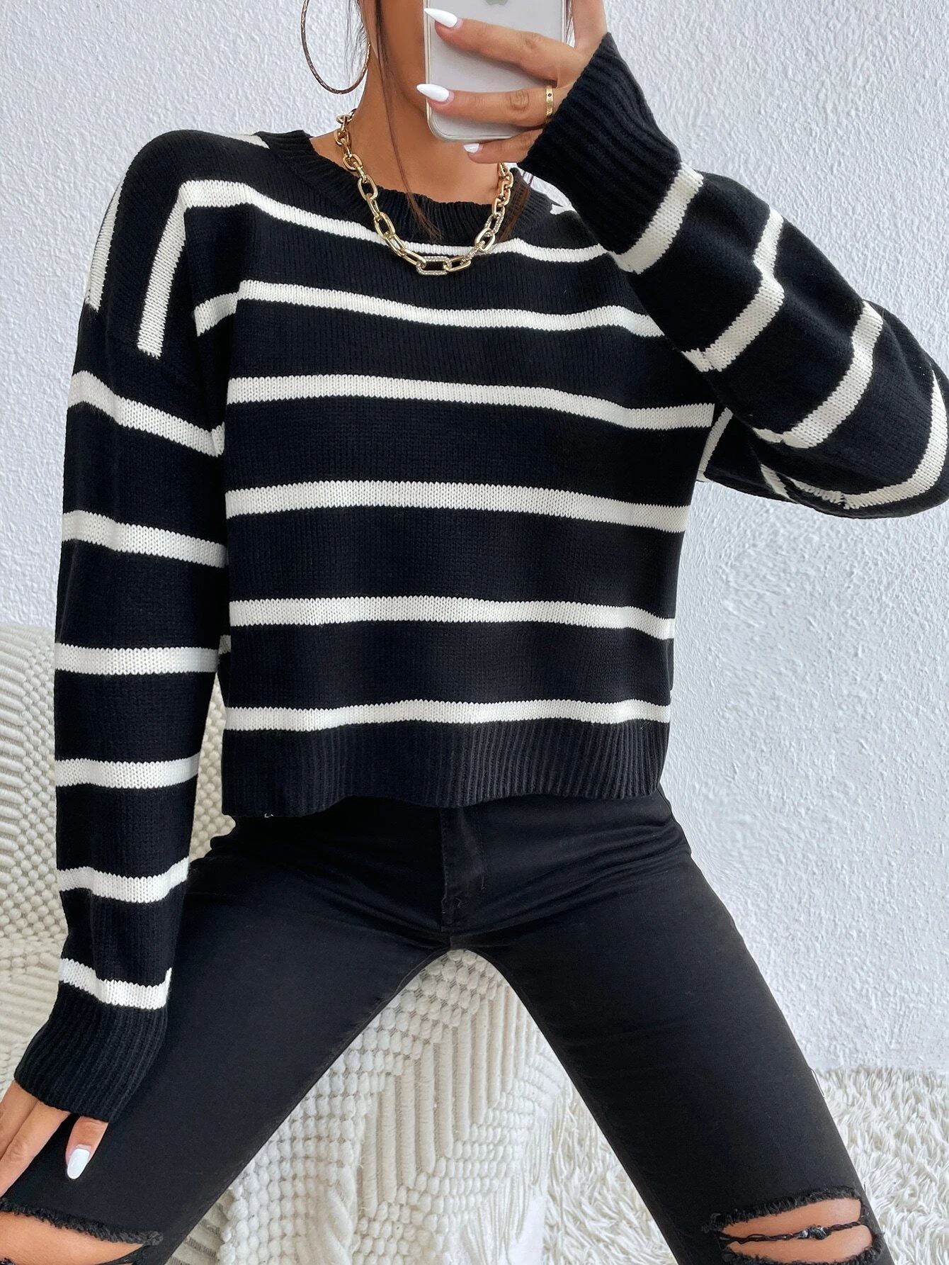 SHEIN Essnce Striped Drop Shoulder Sweater | SHEIN