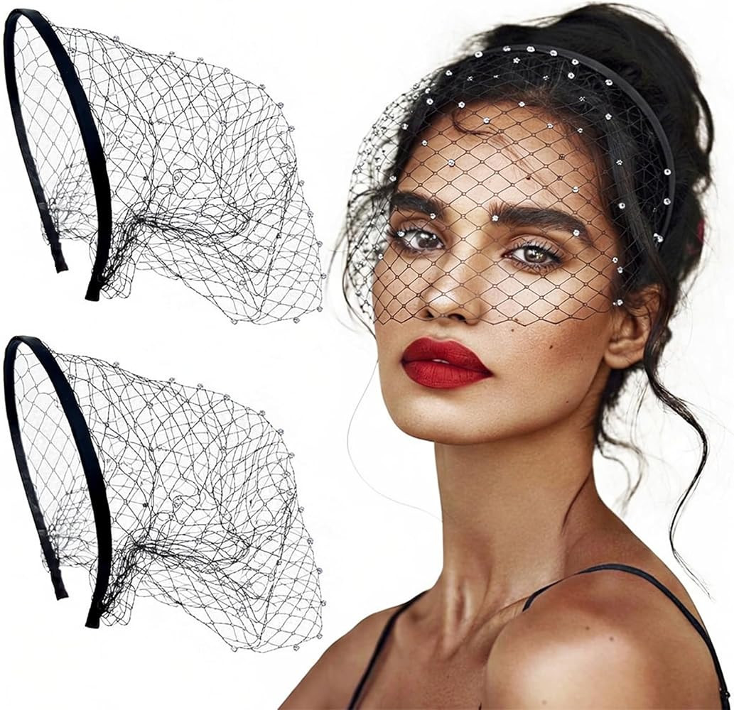 2 Pcs Black Veils, Face Mesh Birdcage Veil Headband Funeral Veil Fascinator Hats with Rhinestone ... | Amazon (US)