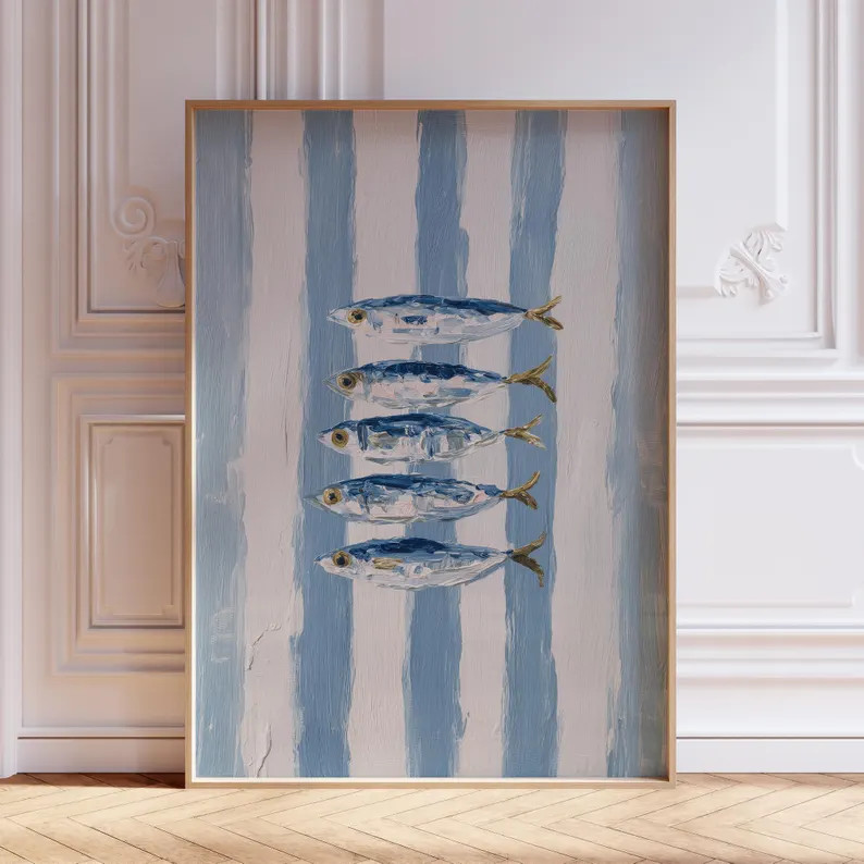 Blue and White Striped Coastal Beachy Nautical Sardine Wall Art Print | Etsy (Global)