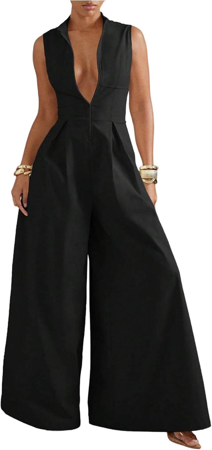 Verdusa Women's Zip Up Wide Leg Jumpsuits Dressy Formal One Piece Jumpsuits | Amazon (US)
