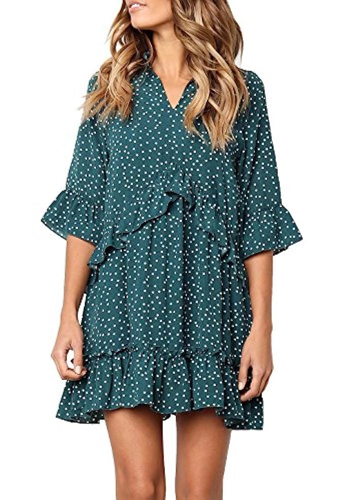MITILLY Women's V Neck Ruffle Polka Dot Pocket Loose Swing Casual Short T-Shirt Dress | Amazon (US)