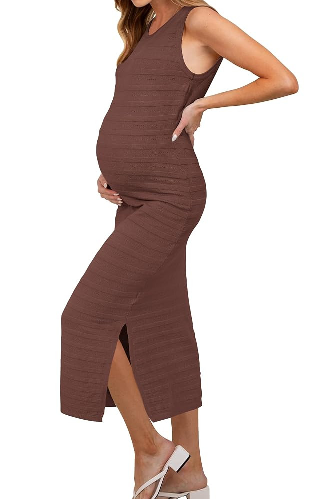 OUGES Women's 2025 Summer Maternity Dress Knit Sleeveless Crewneck Midi Dress Side Slit Striped B... | Amazon (US)