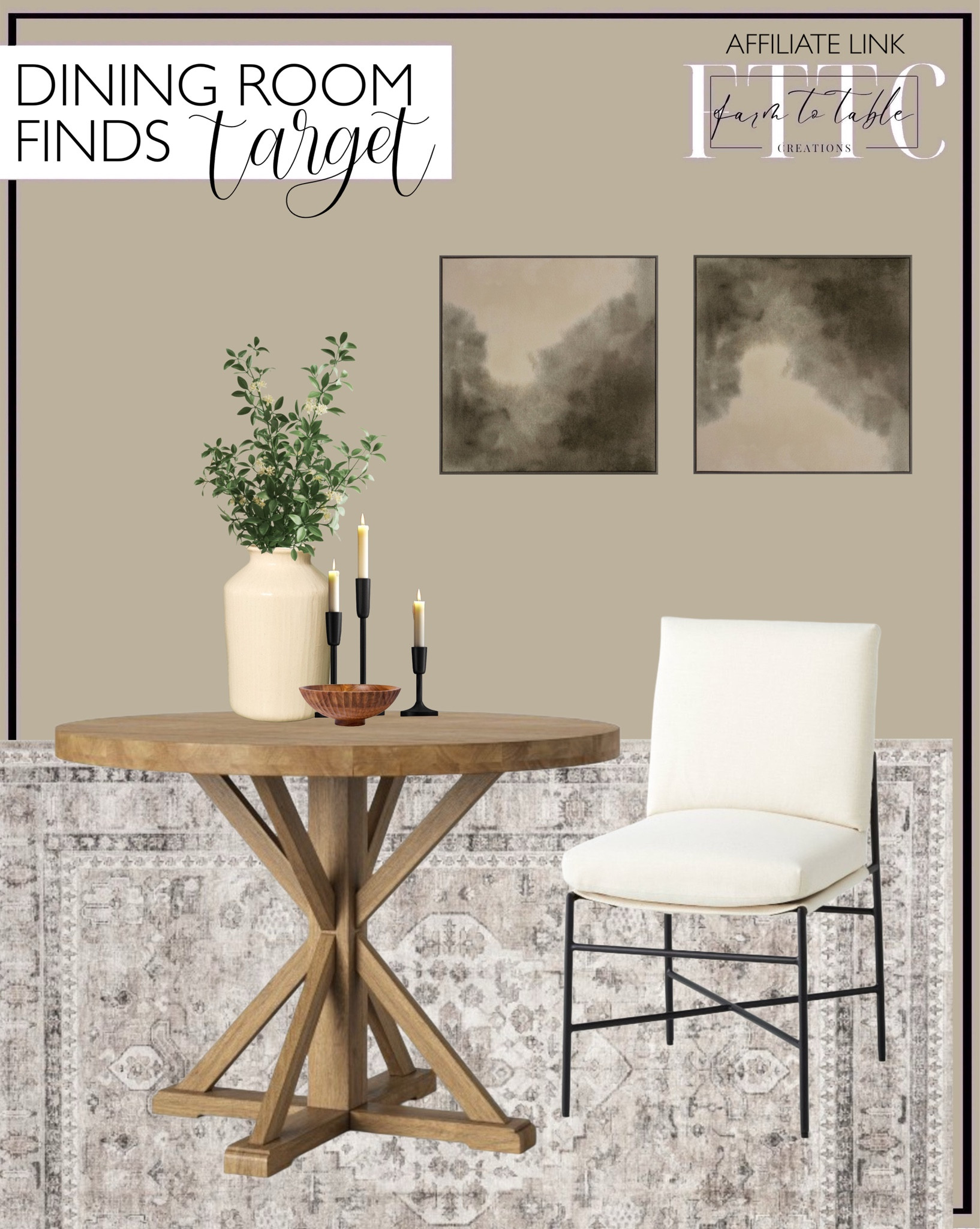 Target Home Finds. Follow @farmtotablecreations on Instagram for more inspiration.

42" Litchfield Round Dining Table. Fabric & Metal Armless Dining Chair - Cream/Black - Hearth & Hand. Decorative Vase. Acacia Wood Bowl. Candleholders. nuLOOM Davi SplashGuard Waterproof Machine Washable Area Rug. White Seeded Artificial Leaf Stem. 30"x30" Blurry Treetops Framed Wall Art. 

Dining room | Home Decor| Fireplace Decor | Spring Refresh |  Bedroom Finds | Neutral Stems | Spring Stems | Bookshelf Decor | Bedroom Space | Cozy Corner | Bathroom | Curated Entryway | Spring  Decor | End of Year Clearance | Trending Decor | Viral Decor | Amazon Holiday | Bedroom corner | Coffee Table Decor | Neutral Decor | Fall Stem Sale | Target Finds | Skinny Bench | Bedroom | Living Room | Breakfast Nook | Amazon Home | Target Sale | Loloi Rugs | Magnolia Home | console table | console table styling | faux stems | entryway space | front porch decor | neutral decor | entryway decor | cozy home | affordable decor |  home decor | home inspiration | console styling | entryway rug | cozy moody home | moody home decor | neutral home | bathroom decor | living room | spring decor | Hearth & Hand | Studio McGee




#LTKFindsUnder50 #LTKHome #LTKSaleAlert