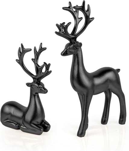 KIDHABE 2 Pcs Christmas Deer Figurines – Elegant Resin Reindeer Statues for Rustic Home Décor, Indoor Holiday Decorations, Black Deer Sculptures for Living Room, Bedroom, and Office(Black) | Amazon (US)