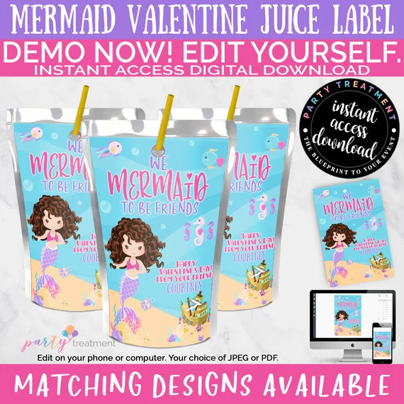 Mermaid Valentine, We Mermaid to Be Friends Valentine Favor, Juice Pouch Label, Capri Label, Brun... | Etsy (US)